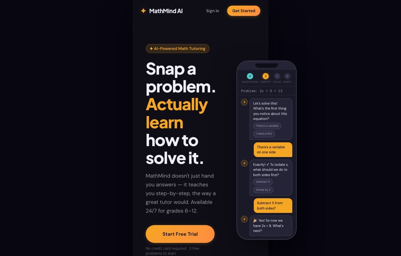 The MathMind AI landing page, showing a tutoring session working through a problem step by step