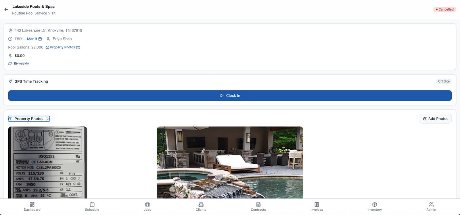 A Pool Butler job detail showing GPS time tracking and property photos, including an equipment nameplate