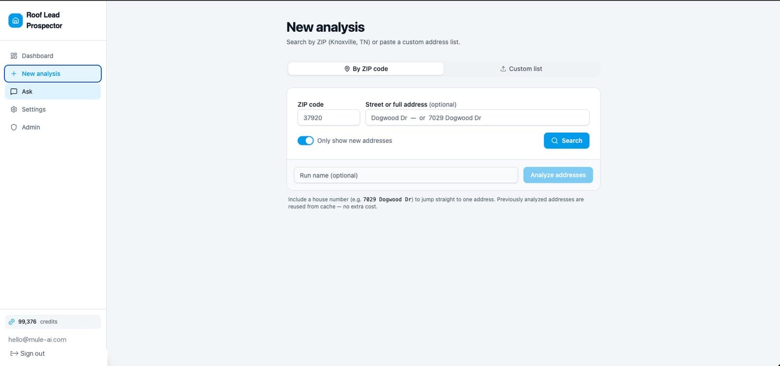 The Roof Lead Prospector new analysis screen, searching by ZIP code or a custom address list