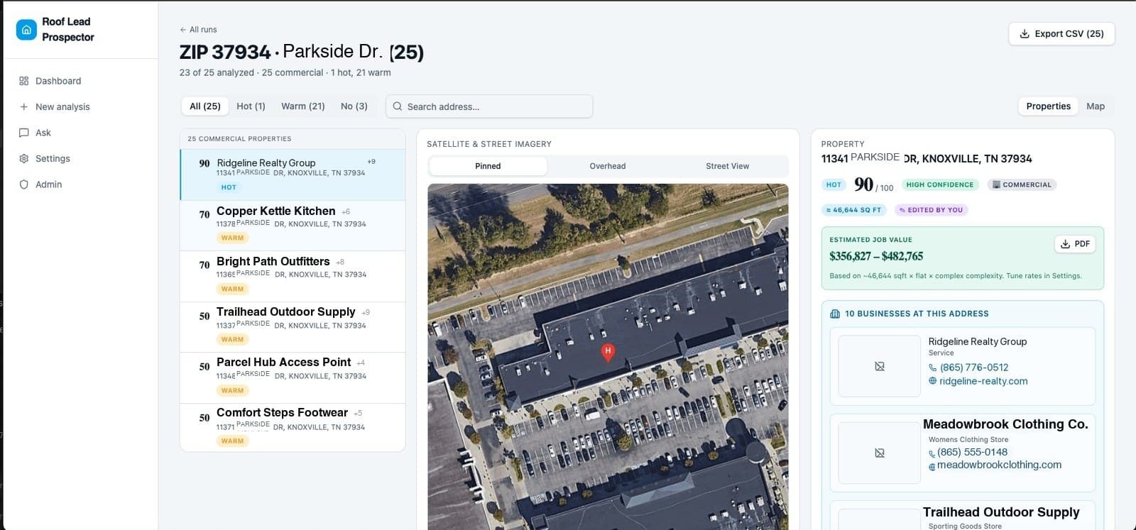 A scored commercial property in Roof Lead Prospector, showing a 90/100 score, high confidence, satellite imagery and an estimated job value range