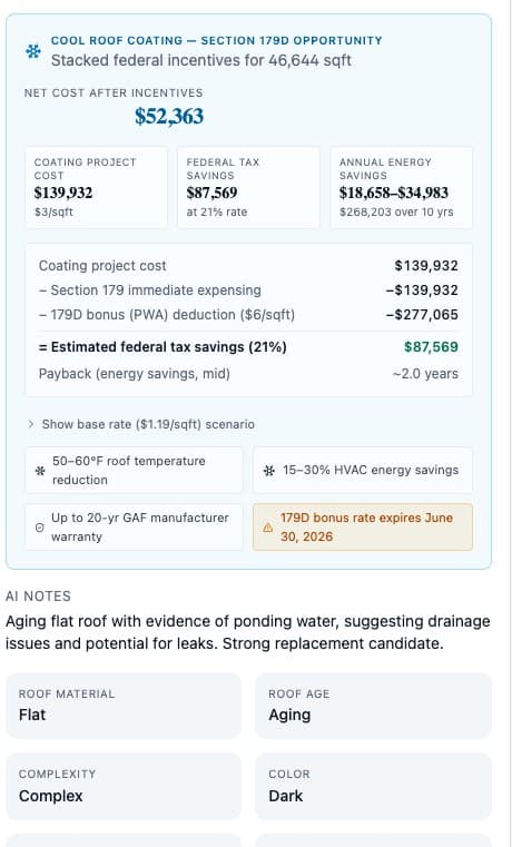 The Roof Lead Prospector AI notes for one roof, describing it as aging and flat with ponding water, alongside a cool-roof-coating cost breakdown