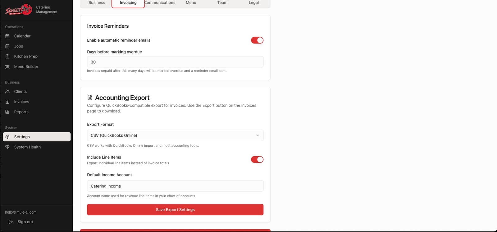Sweet P’s BBQ invoicing settings, showing automatic reminder emails, a configurable overdue threshold, and a QuickBooks-compatible accounting export