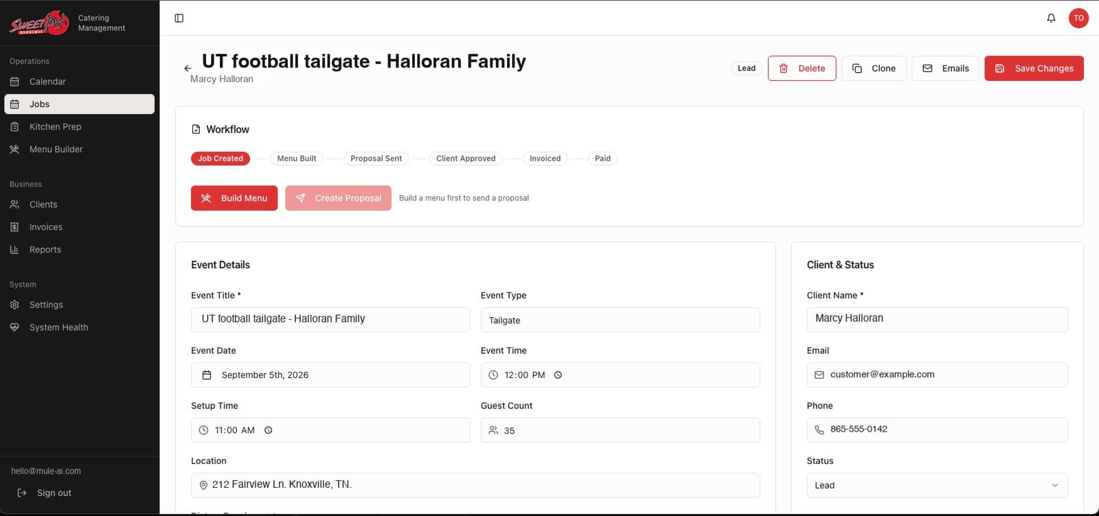 A Sweet P’s BBQ job detail screen showing its workflow: Job Created, Menu Built, Proposal Sent, Client Approved, Invoiced, Paid