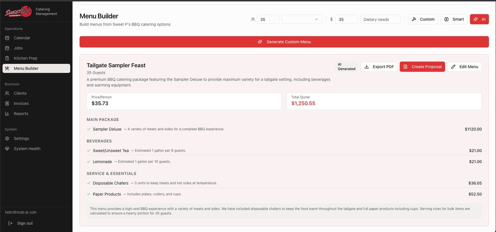 The Sweet P’s BBQ AI Menu Builder generating and pricing a Tailgate Sampler Feast for 35 guests