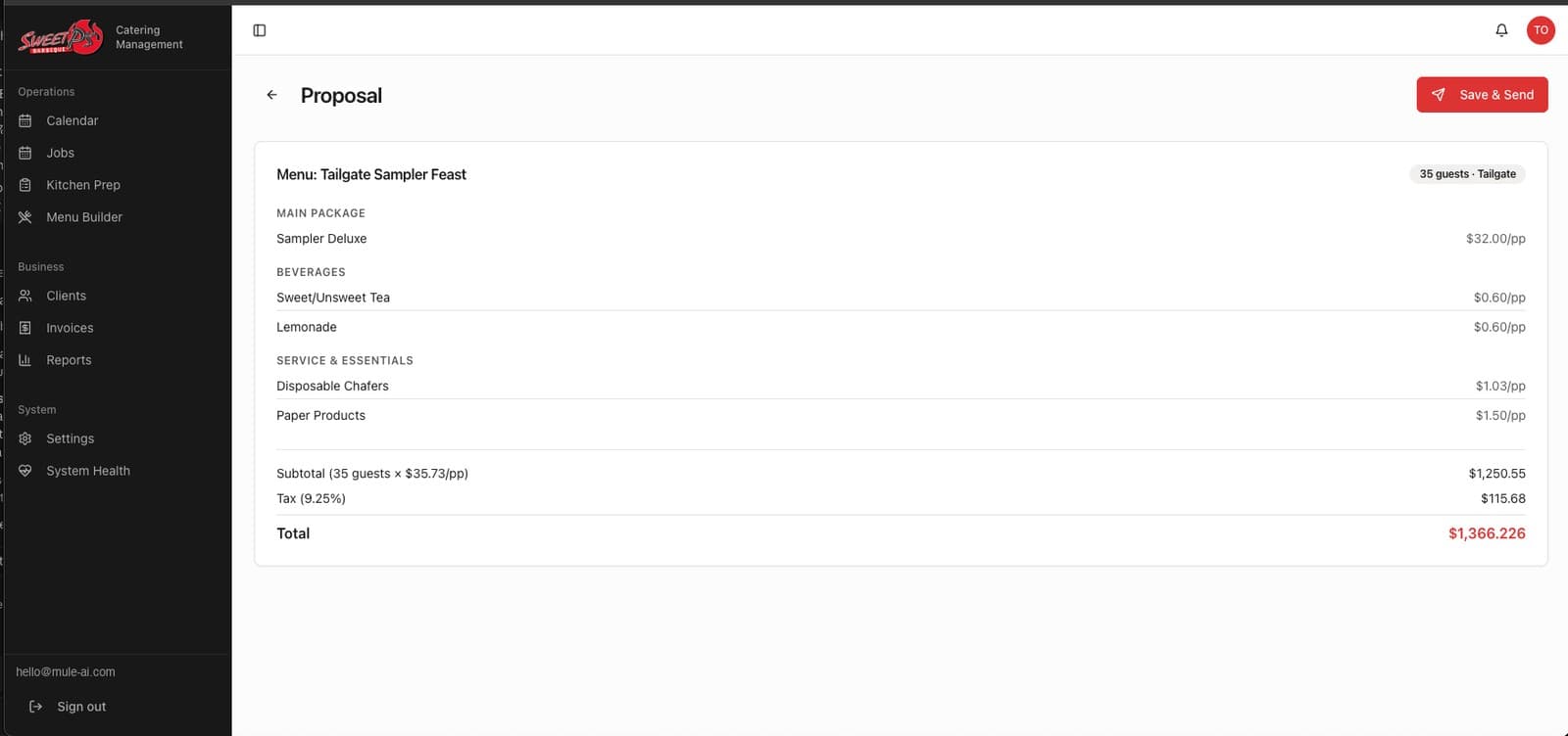 A generated Sweet P’s BBQ proposal showing itemized menu pricing, a subtotal, tax and a total