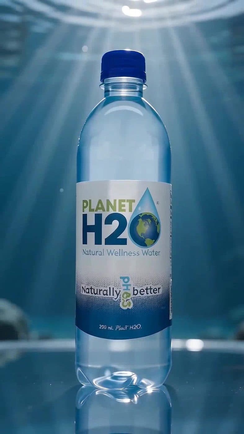 A generated product render of a Planet H2O bottle lit underwater