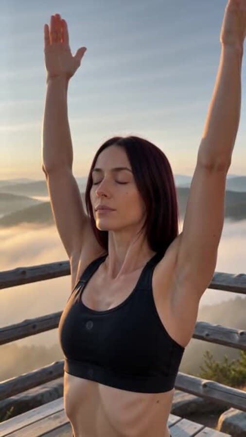 A generated scene of a woman in a yoga pose at sunrise, holding a Planet H2O bottle