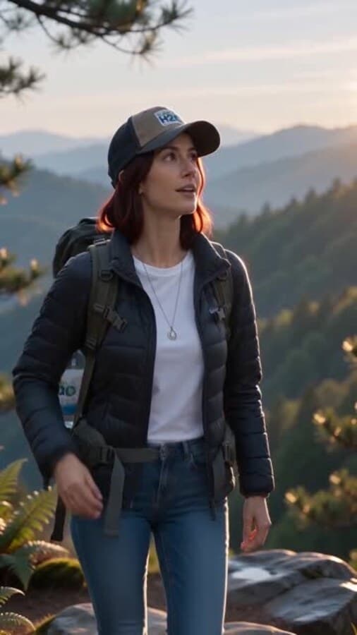 A generated scene of a woman hiking with a Planet H2O branded cap and backpack
