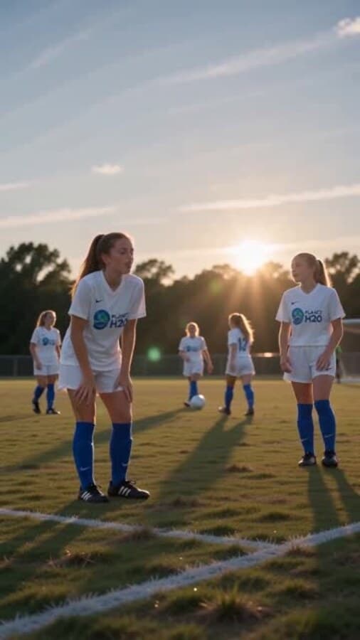 A generated scene of a youth soccer team wearing Planet H2O jerseys at sunset
