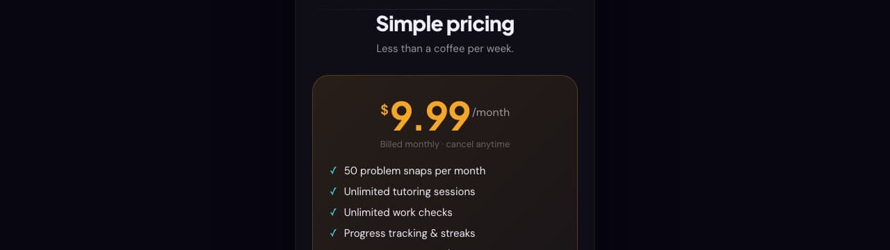 The MathMind AI pricing card, showing $9.99 per month for 50 problem snaps