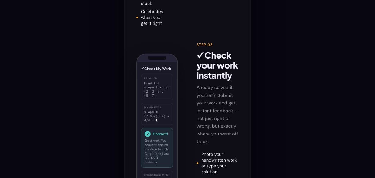 The MathMind AI "Check your work instantly" feature, showing a correct-answer confirmation
